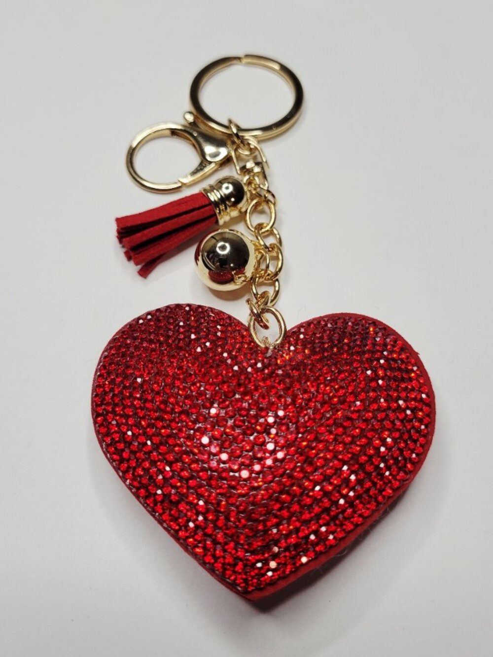NWT Big Red And Gold Puffy Heart Keychain Bag Charm With Rhinestones And Tassel